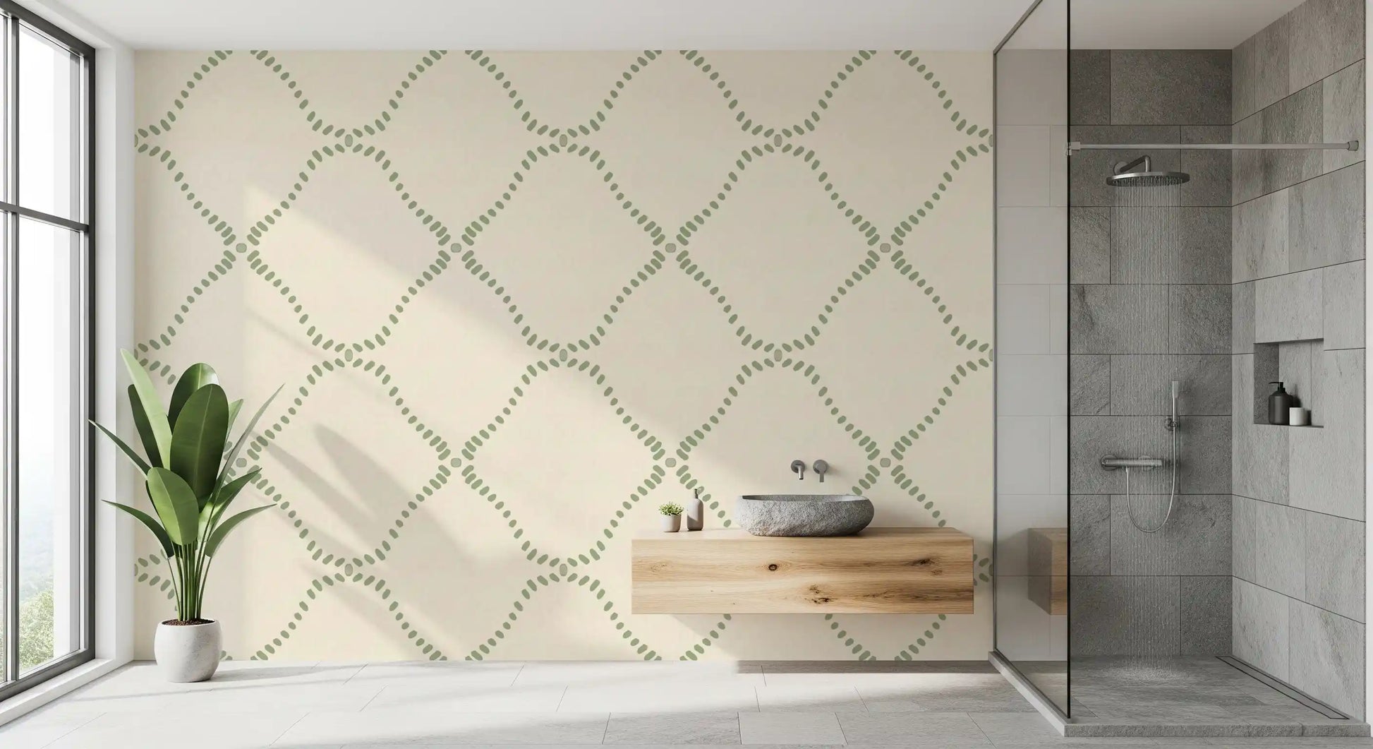 Bathroom feature wall settles into quiet contrast with Beachy Boho Coastal Green Dotted Lattice wallpaper.