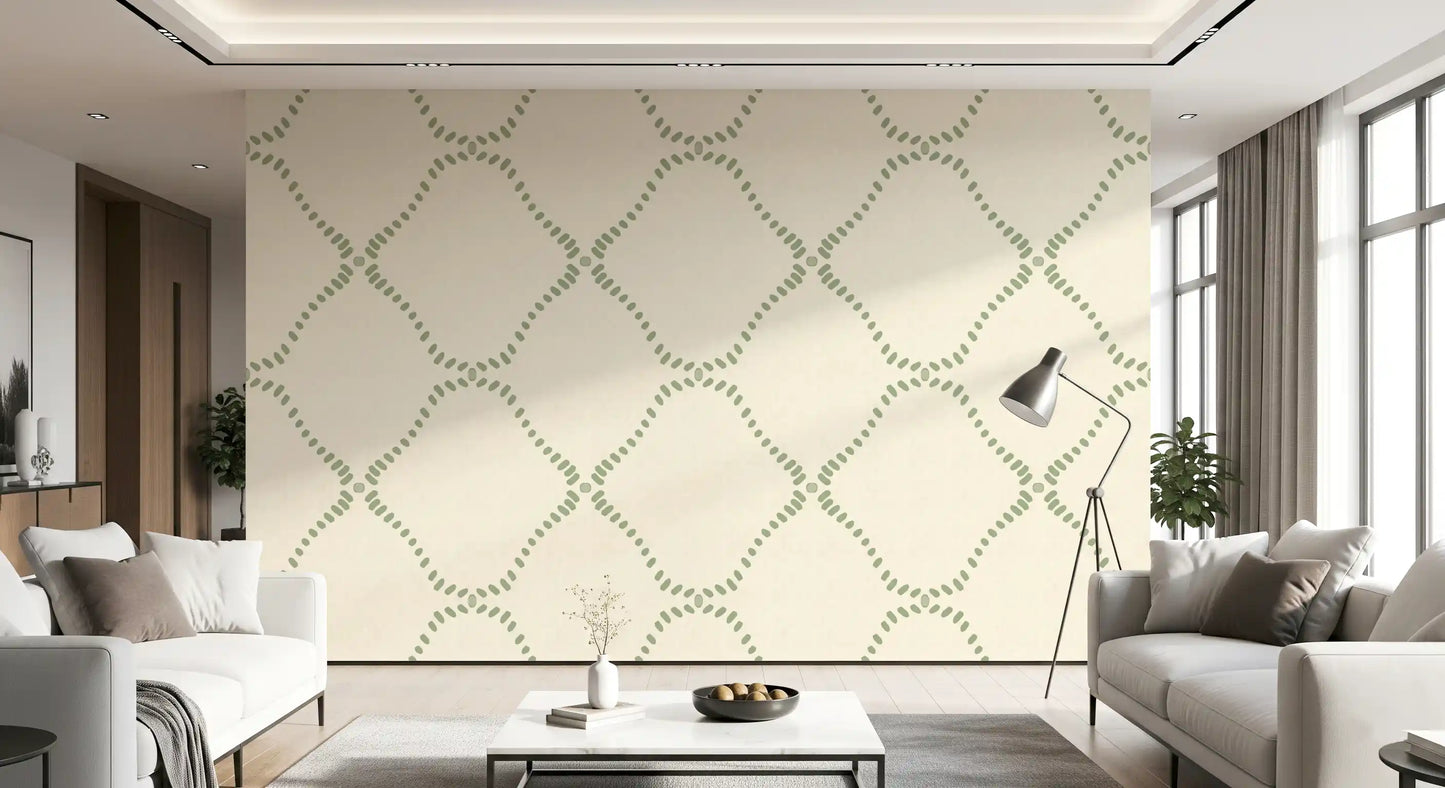 Each diamond holds clean breathing room inside Beachy Boho Coastal Green Dotted Lattice wallpaper.