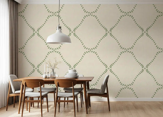 Dining nook holds calm sage rhythm from Beachy Boho Coastal Green Dotted Lattice wallpaper.