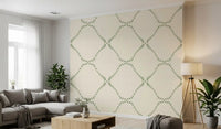 Living room pick up airy lattice motion through Beachy Boho Coastal Green Dotted Lattice wallpaper.
