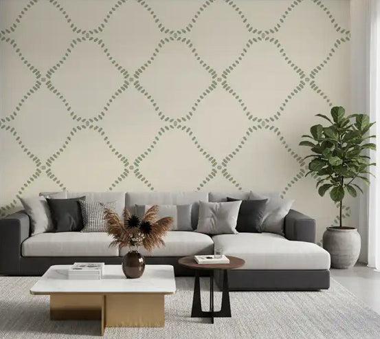 A living room reads softer with Beachy Boho Coastal Green Dotted Lattice wallpaper., GD9624