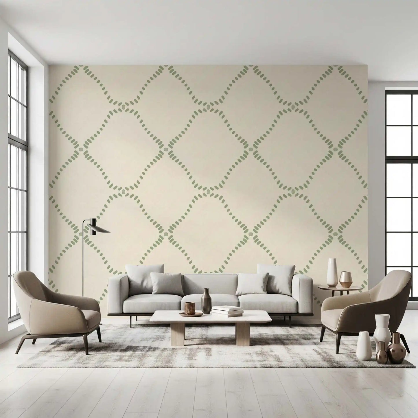 Bigger sage marks punctuate every joint on Beachy Boho Coastal Green Dotted Lattice wallpaper.