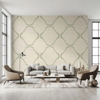 Bigger sage marks punctuate every joint on Beachy Boho Coastal Green Dotted Lattice wallpaper.