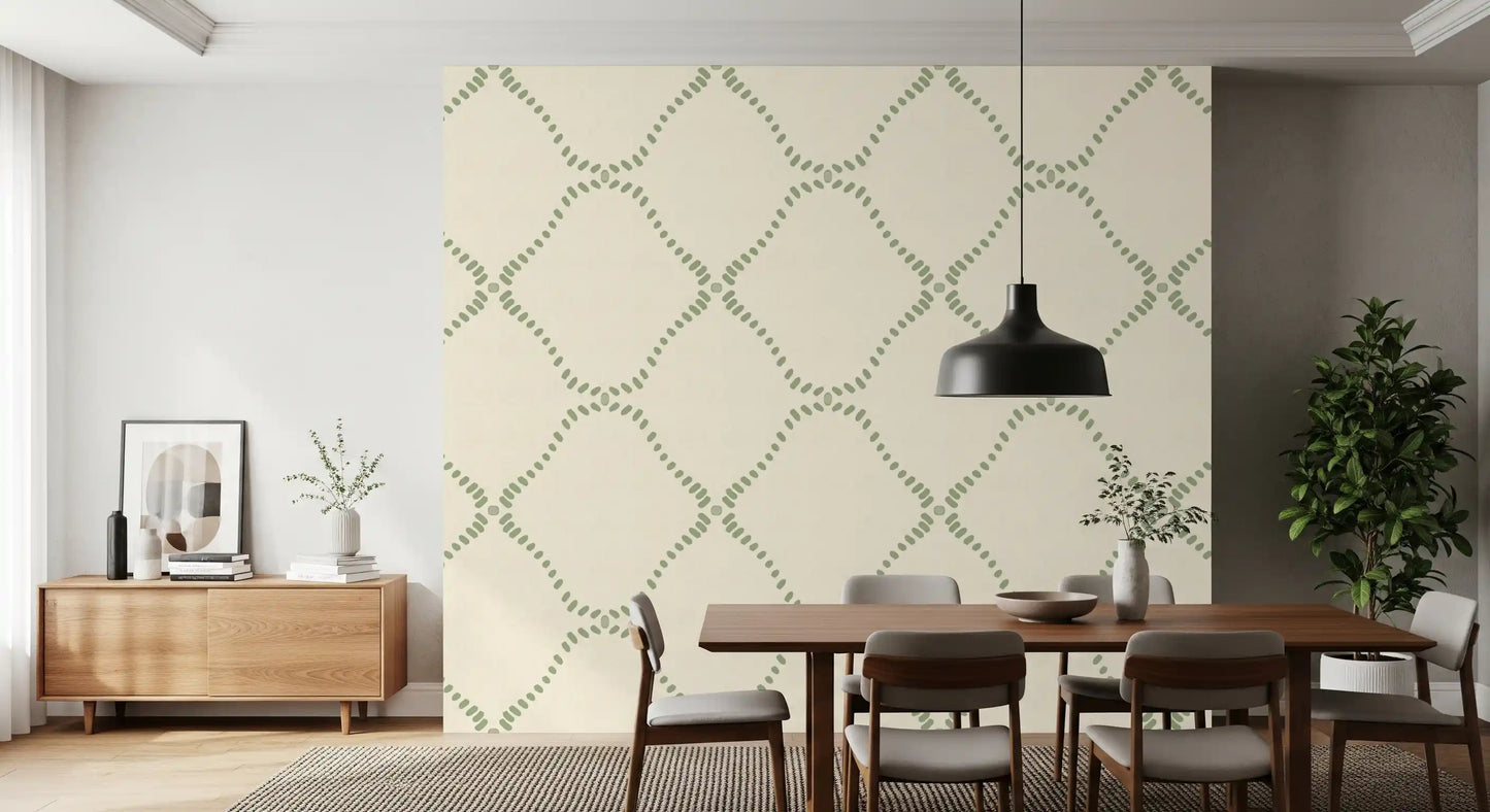 Soft green dashes link corner to corner across Beachy Boho Coastal Green Dotted Lattice wallpaper.