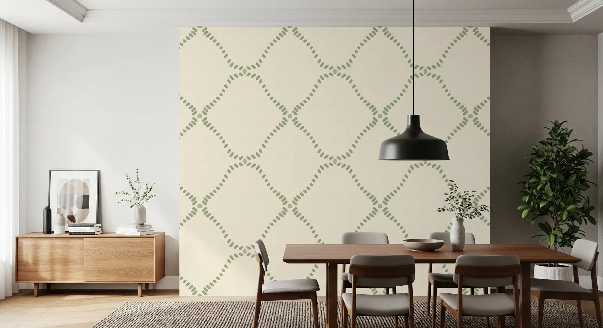 Soft green dashes link corner to corner across Beachy Boho Coastal Green Dotted Lattice wallpaper.