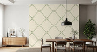 Soft green dashes link corner to corner across Beachy Boho Coastal Green Dotted Lattice wallpaper.