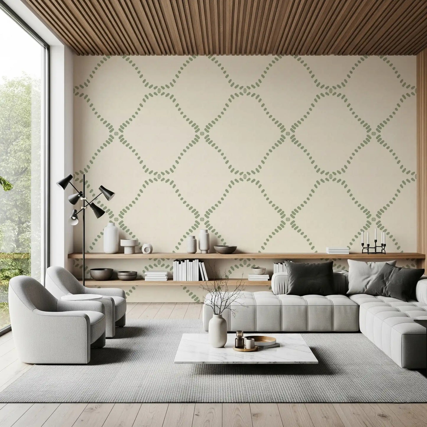 Slim painted strokes form the lattice frame on Beachy Boho Coastal Green Dotted Lattice wallpaper.