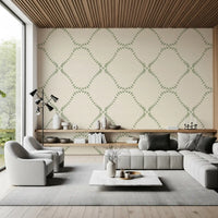 Slim painted strokes form the lattice frame on Beachy Boho Coastal Green Dotted Lattice wallpaper.