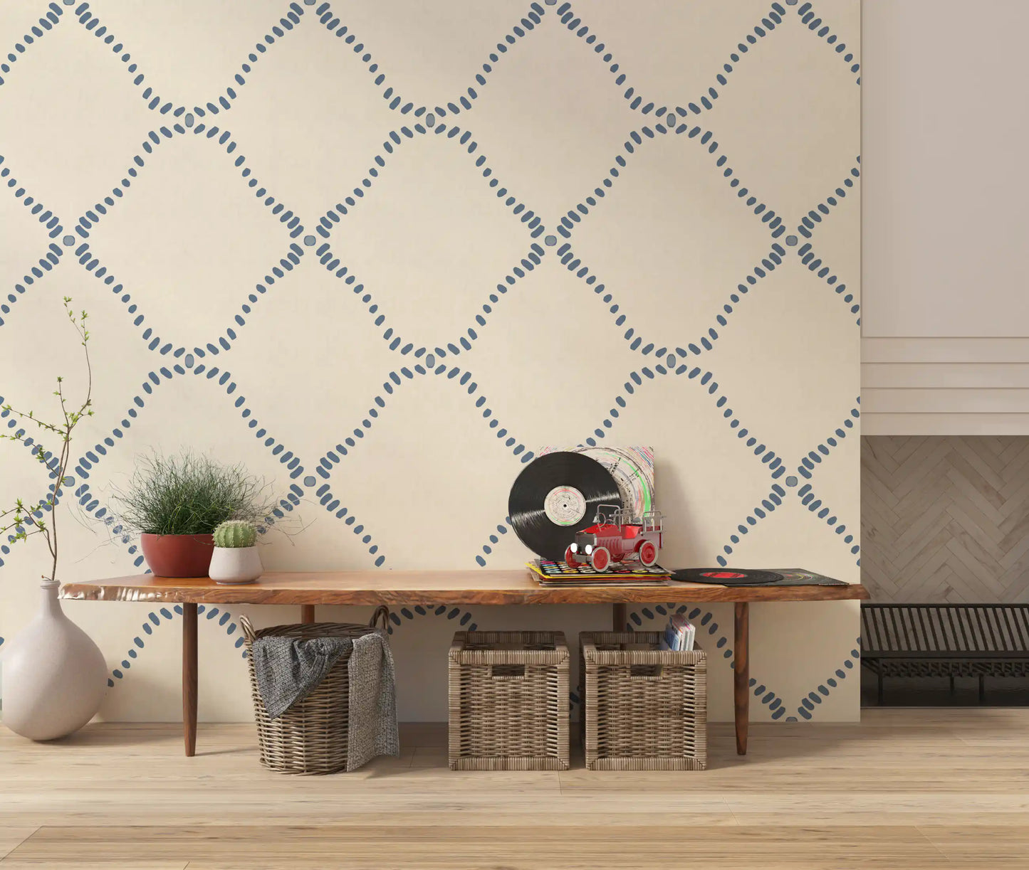 Hand-stamped bead character carries Beachy Boho Coastal Slate Blue Dotted Lattice wallpaper.