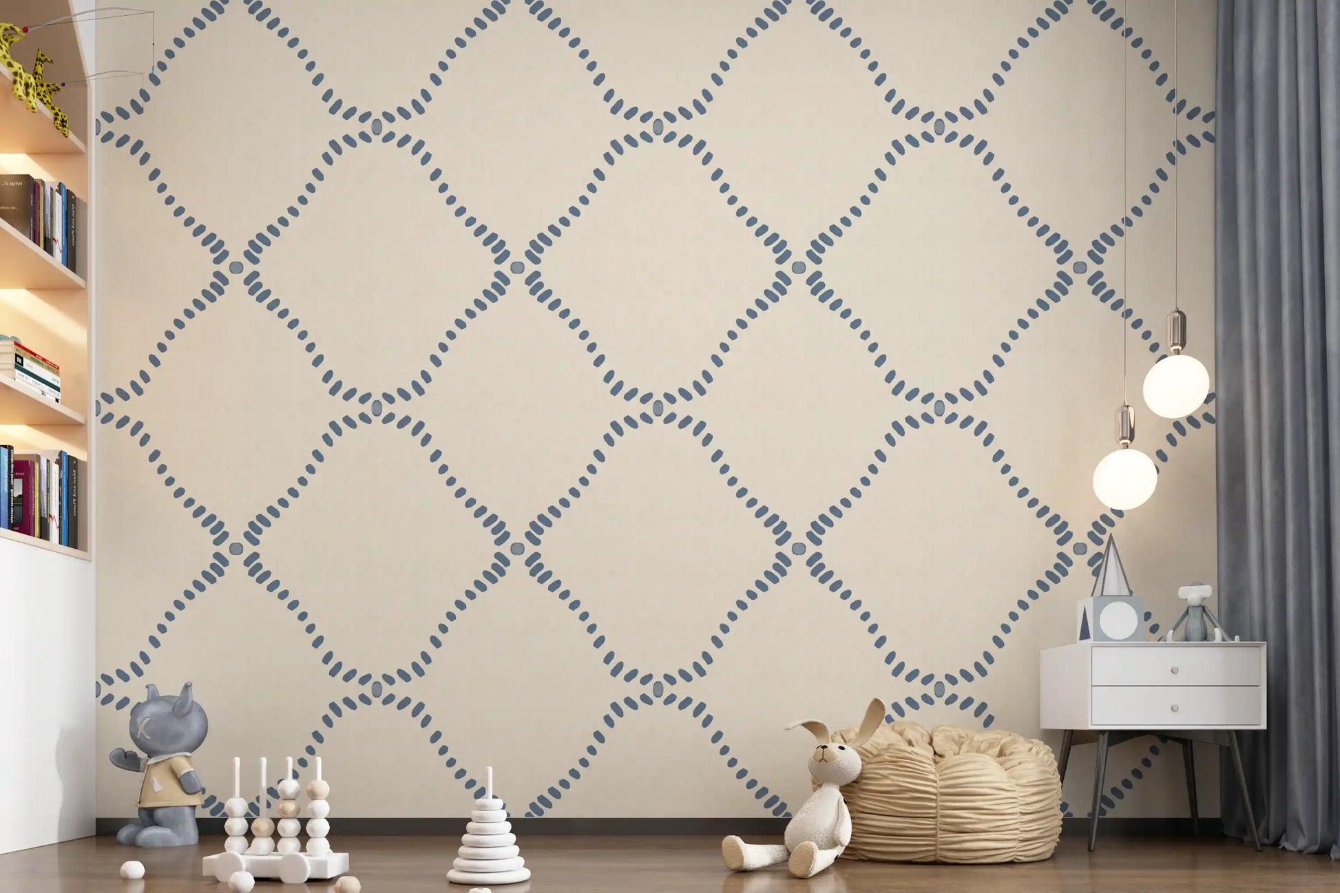 Short slate blue dashes shape every side on Beachy Boho Coastal Slate Blue Dotted Lattice wallpaper.