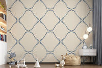Short slate blue dashes shape every side on Beachy Boho Coastal Slate Blue Dotted Lattice wallpaper.