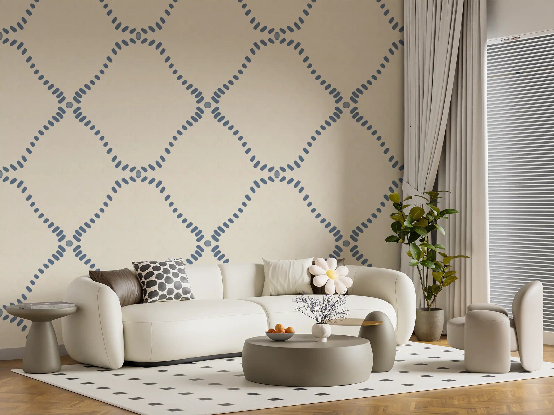 Open ivory space breathes between shapes on Beachy Boho Coastal Slate Blue Dotted Lattice wallpaper.