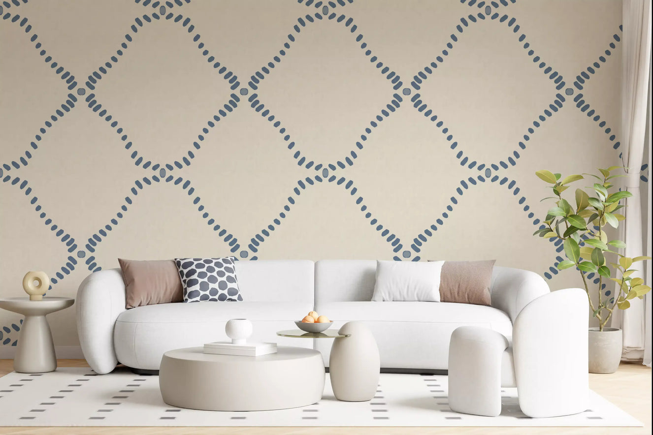 Living room walls hold airy lattice geometry from Beachy Boho Coastal Slate Blue Dotted Lattice wallpaper.