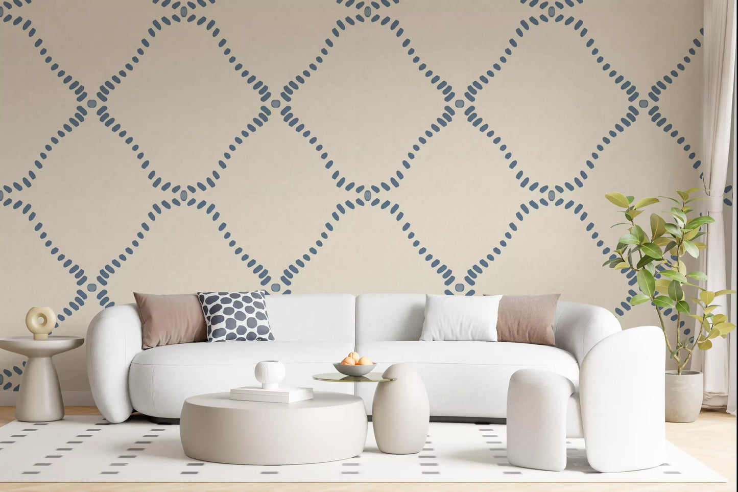 Living room walls hold airy lattice geometry from Beachy Boho Coastal Slate Blue Dotted Lattice wallpaper.