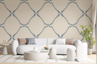 Living room walls hold airy lattice geometry from Beachy Boho Coastal Slate Blue Dotted Lattice wallpaper.