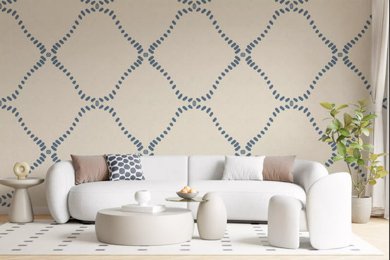 Living room walls hold airy lattice geometry from Beachy Boho Coastal Slate Blue Dotted Lattice wallpaper., GD9625