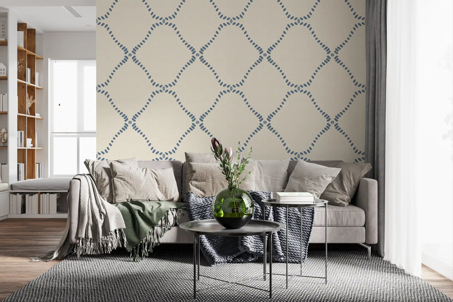 Linked diamond outlines repeat across Beachy Boho Coastal Slate Blue Dotted Lattice wallpaper.