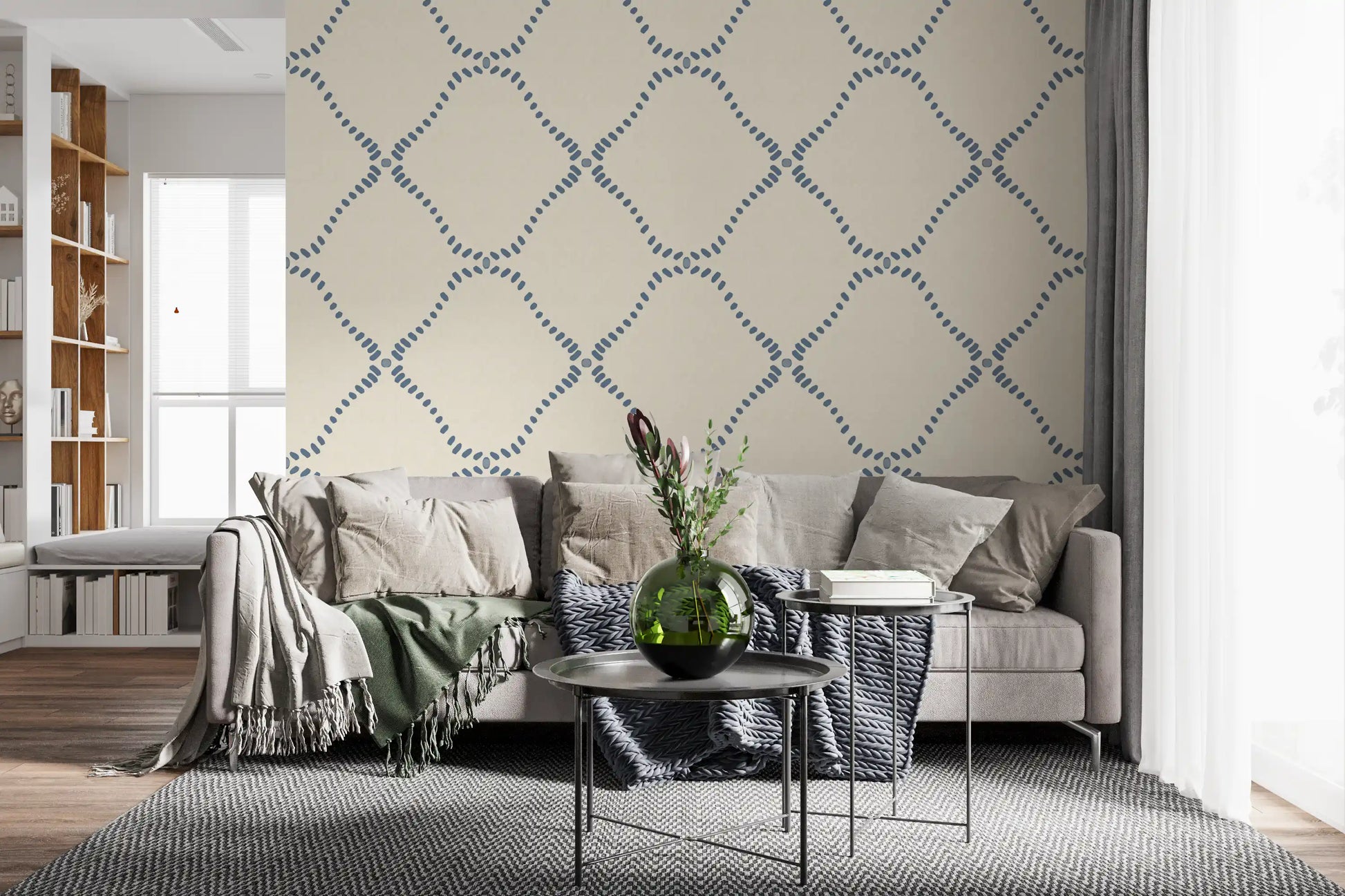 Linked diamond outlines repeat across Beachy Boho Coastal Slate Blue Dotted Lattice wallpaper.