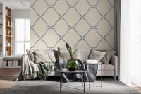 Linked diamond outlines repeat across Beachy Boho Coastal Slate Blue Dotted Lattice wallpaper.
