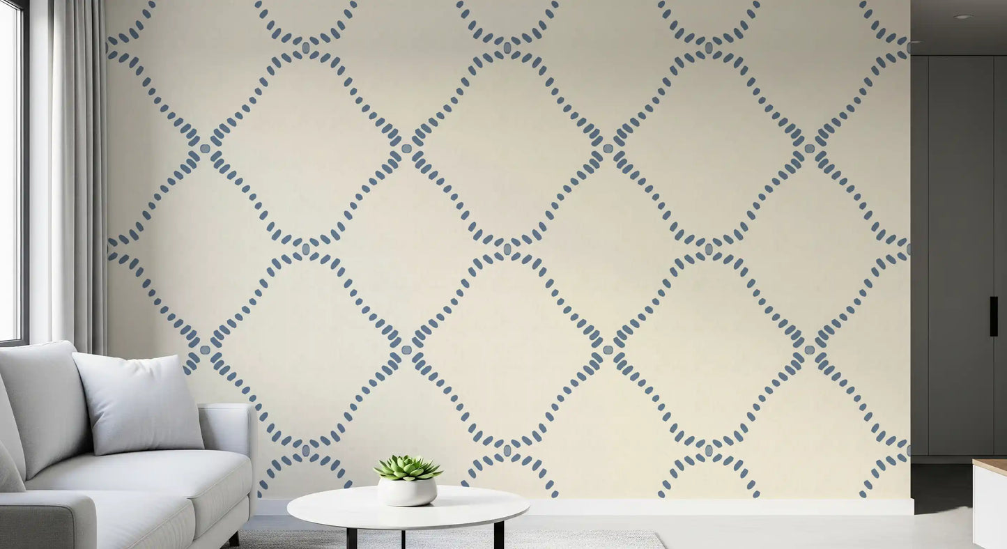 hallway picks up cool boho rhythm with Beachy Boho Coastal Slate Blue Dotted Lattice wallpaper.