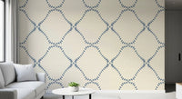 hallway picks up cool boho rhythm with Beachy Boho Coastal Slate Blue Dotted Lattice wallpaper.