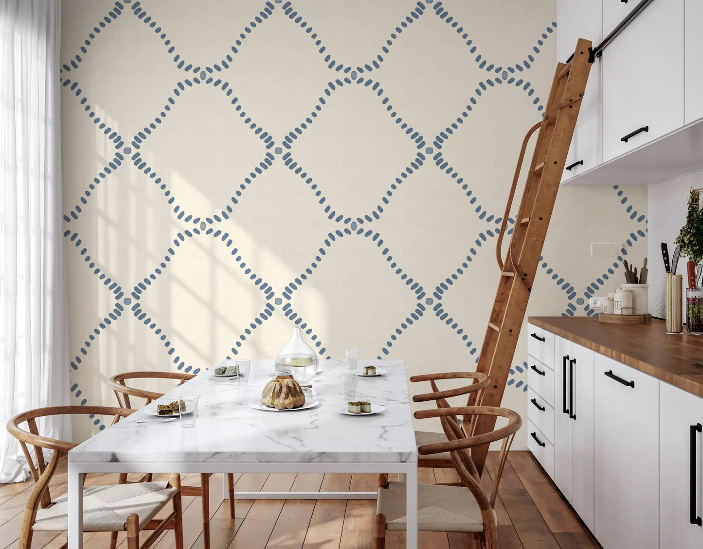 Kitchen and dining with Beachy Boho Coastal Slate Blue Dotted Lattice wallpaper threading the run.