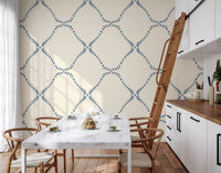 Kitchen and dining with Beachy Boho Coastal Slate Blue Dotted Lattice wallpaper threading the run.