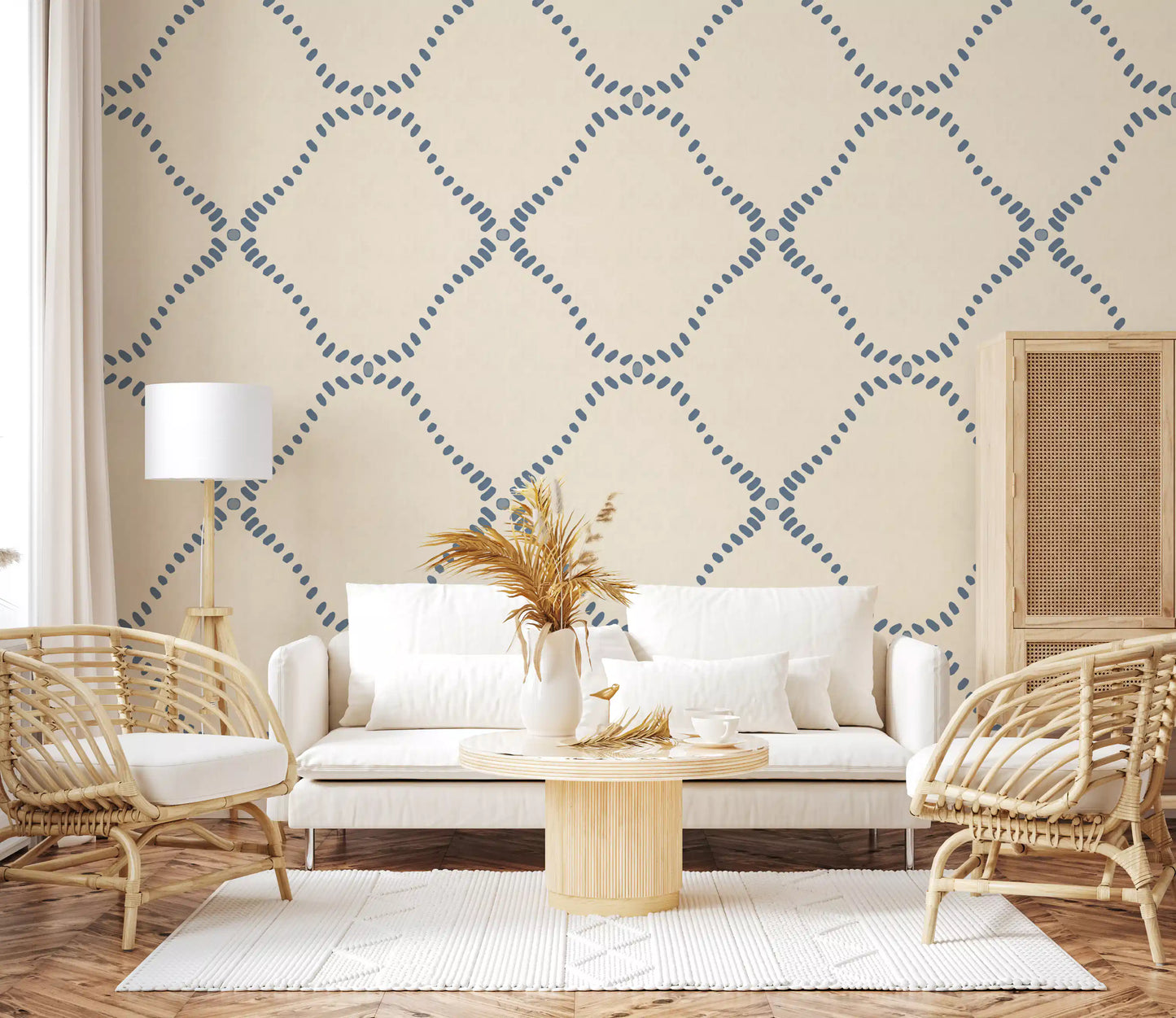 Living room on quiet contrast from Beachy Boho Coastal Slate Blue Dotted Lattice wallpaper.