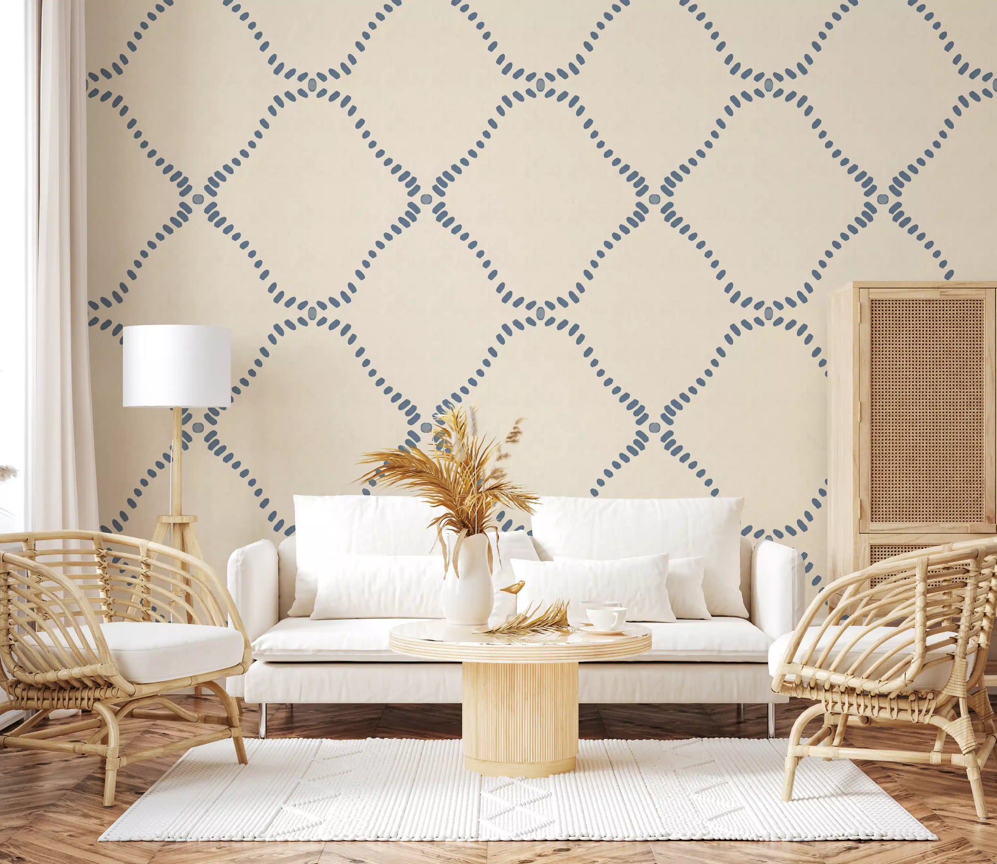 Living room on quiet contrast from Beachy Boho Coastal Slate Blue Dotted Lattice wallpaper.