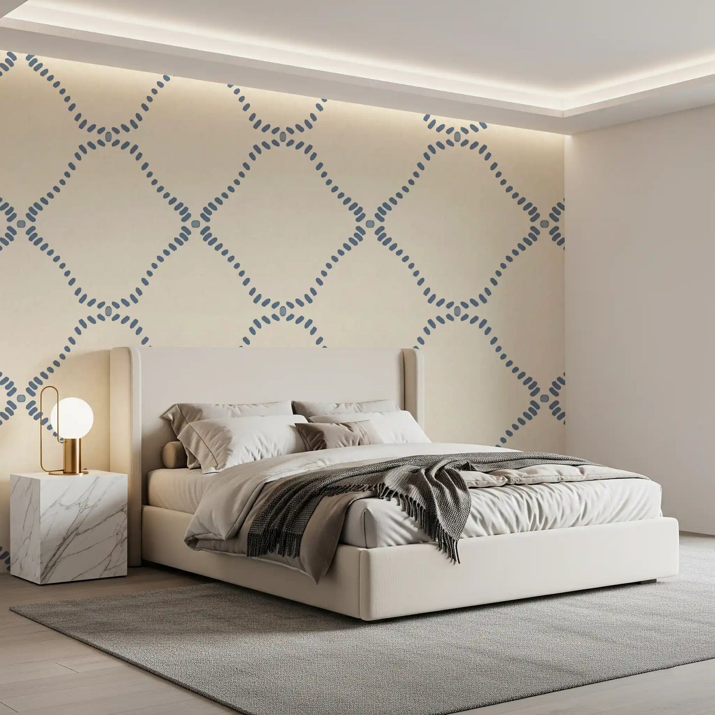 Bedroom through Beachy Boho Coastal Slate Blue Dotted Lattice wallpaper detail.