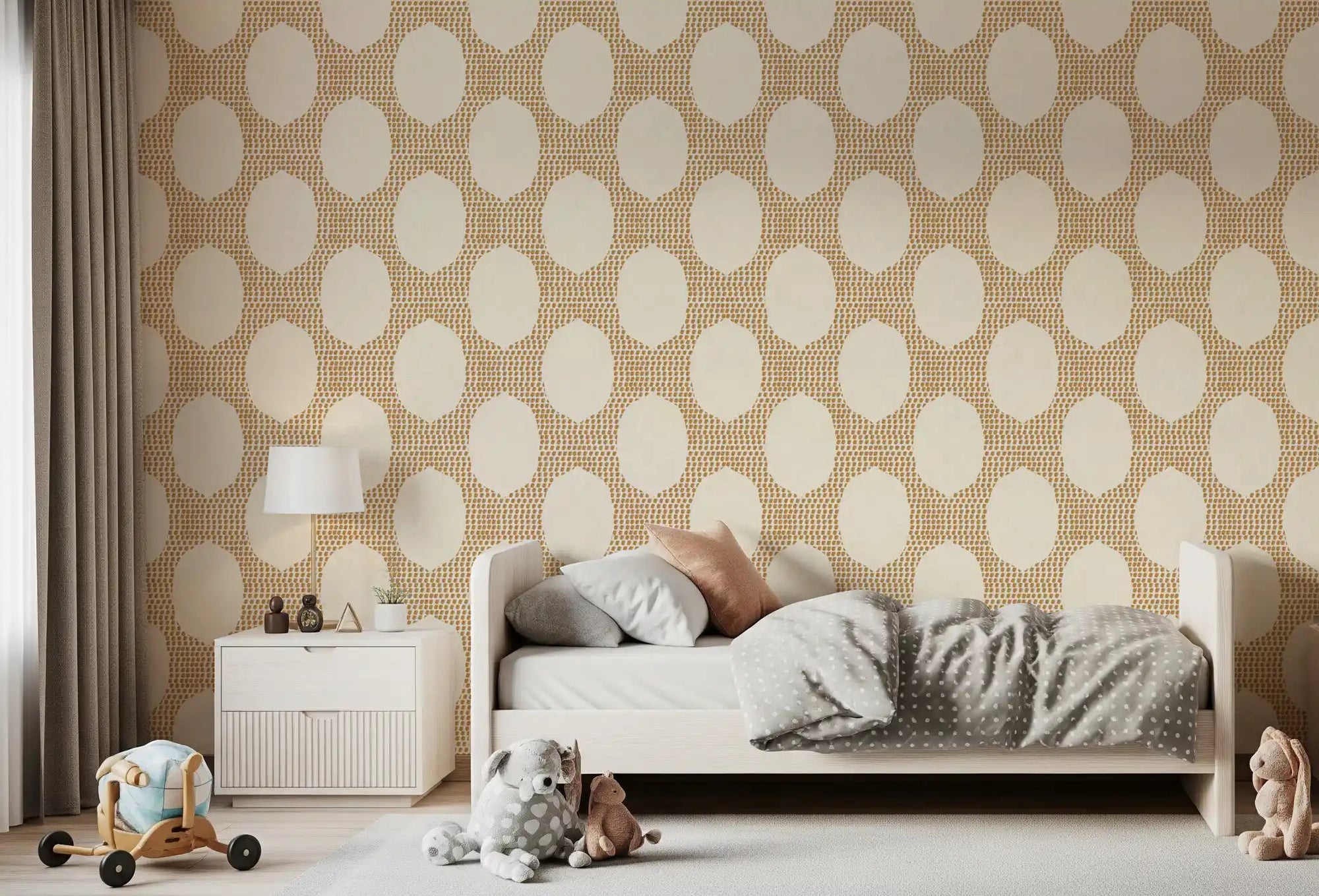 Kids Bedroom catch warm earthy texture from Beachy Boho Golden Mosaic wallpaper around the bed., GD9626