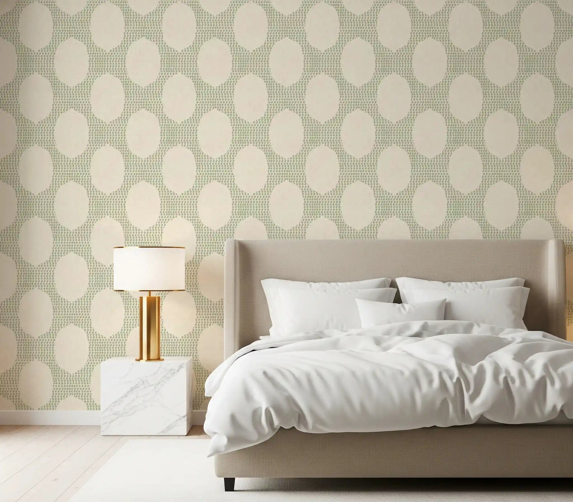 Across the bedroom, sage dot fields and ivory ovals shape this Beachy Boho Coastal Green Mosaic wallpaper backdrop., GD9627