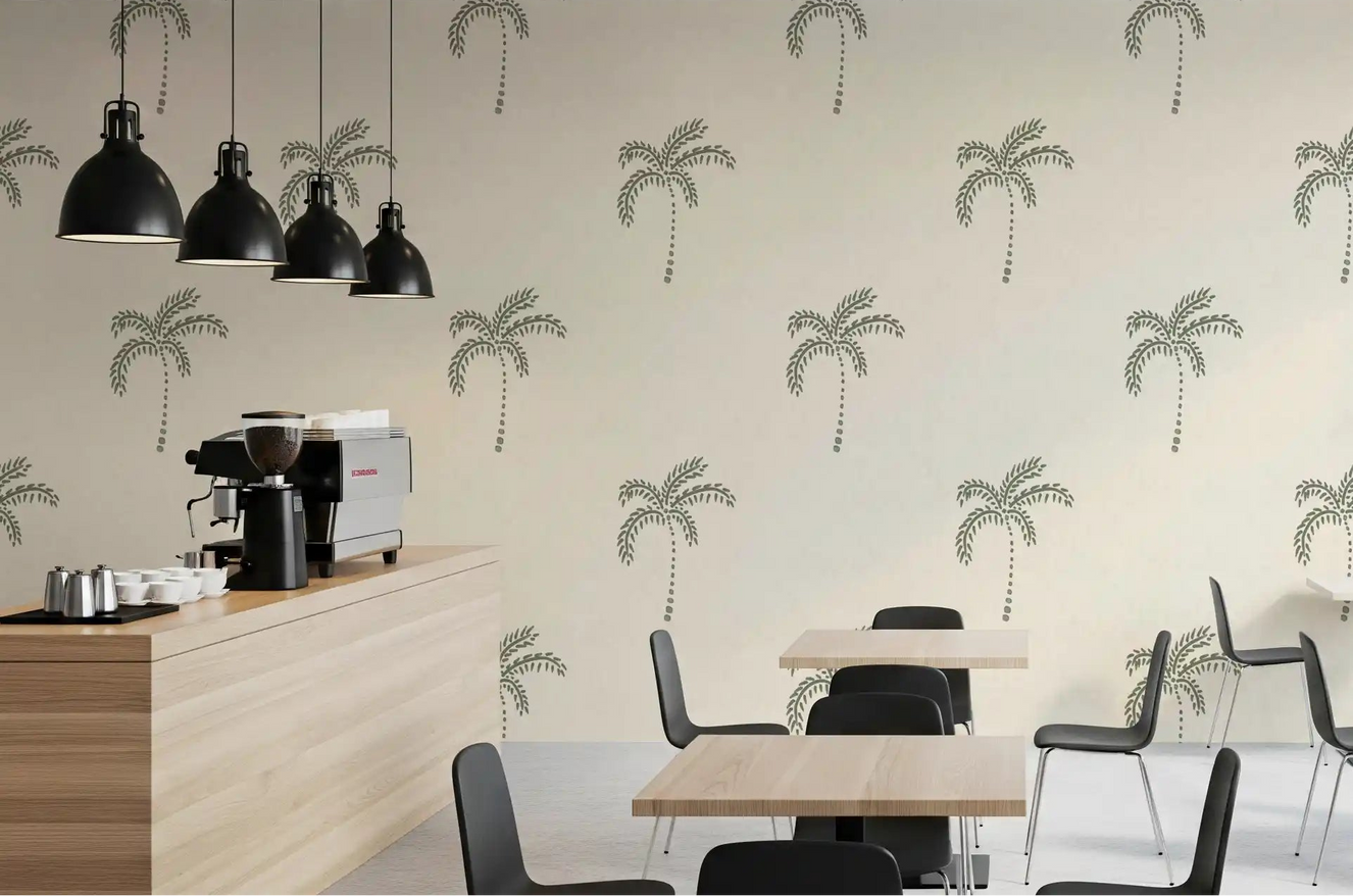 The Café dining nook, Beachy Boho Palm Oasis wallpaper scatters sage motifs softly.