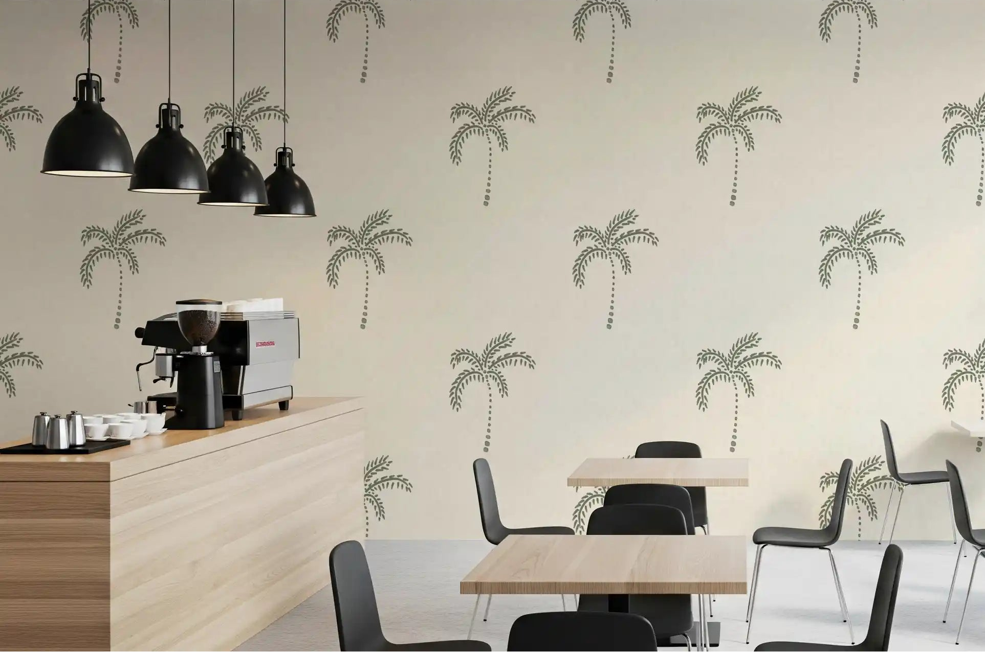 The Café dining nook, Beachy Boho Palm Oasis wallpaper scatters sage motifs softly., GD9628