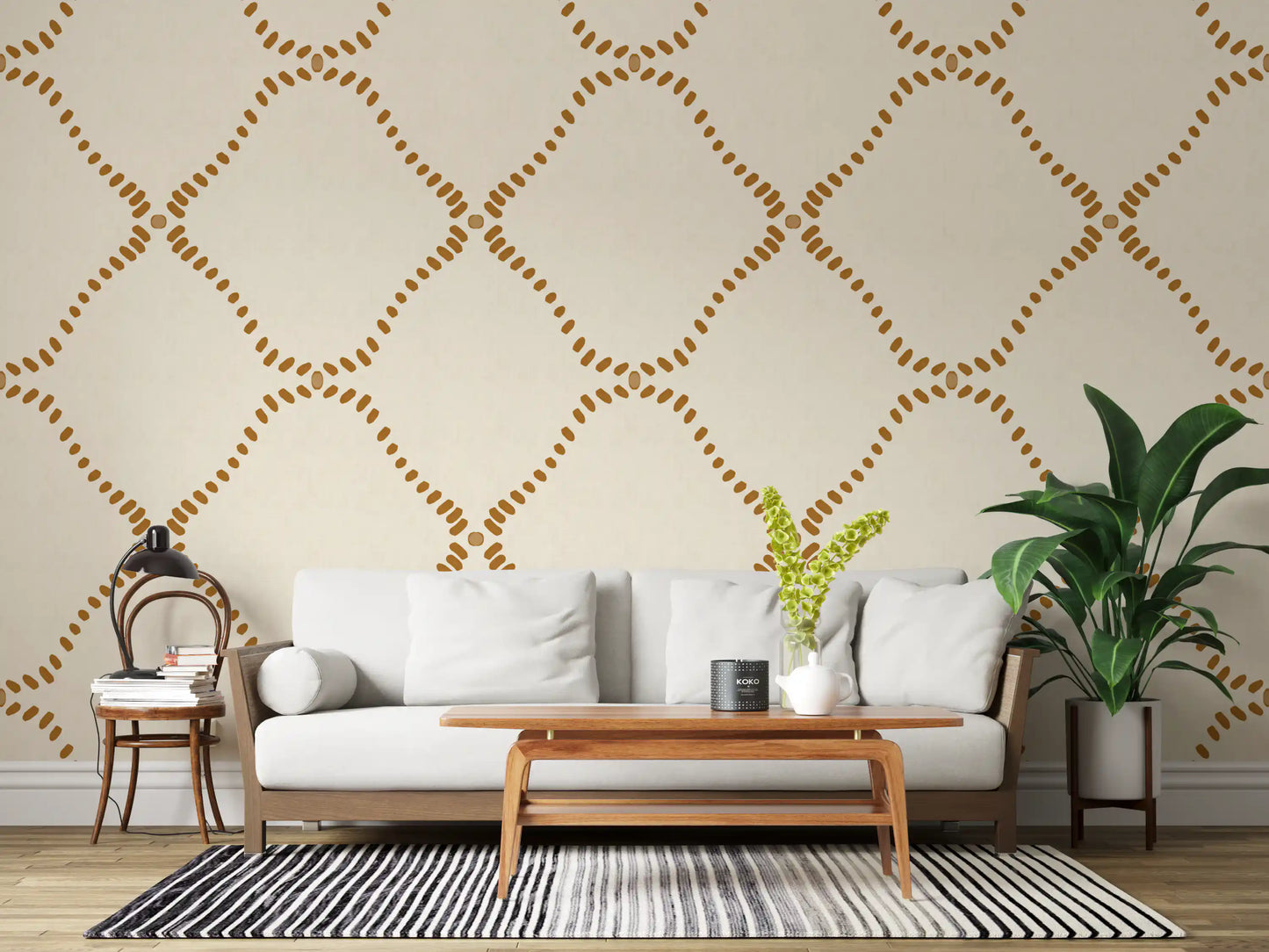 Beachy Boho Golden Dotted Lattice Wallpaper⁠