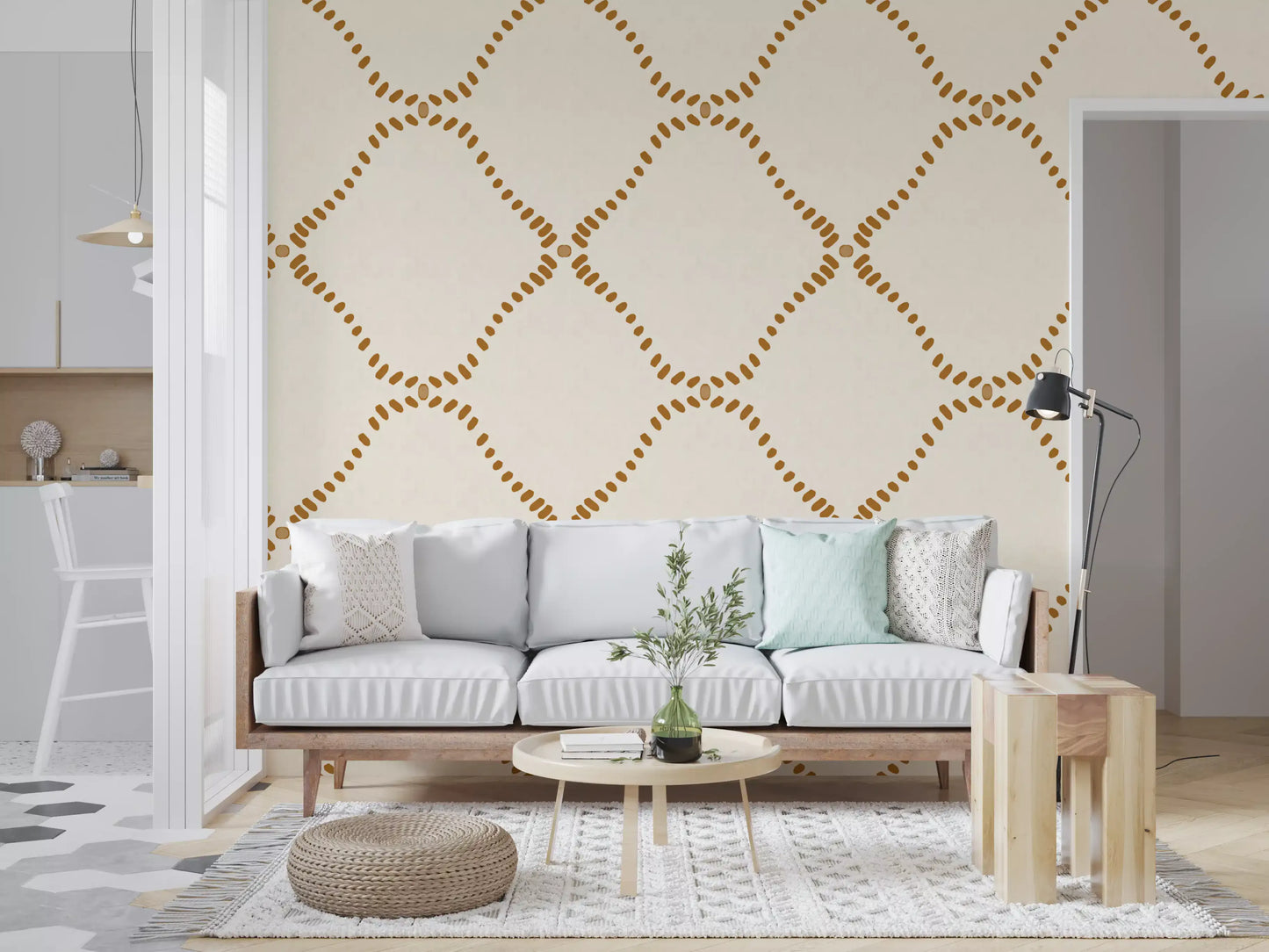 Beachy Boho Golden Dotted Lattice Wallpaper⁠