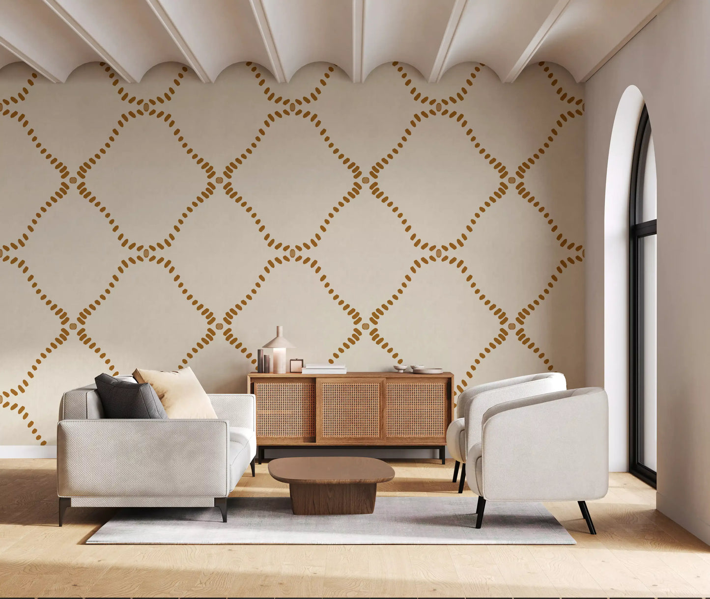Beachy Boho Golden Dotted Lattice Wallpaper⁠