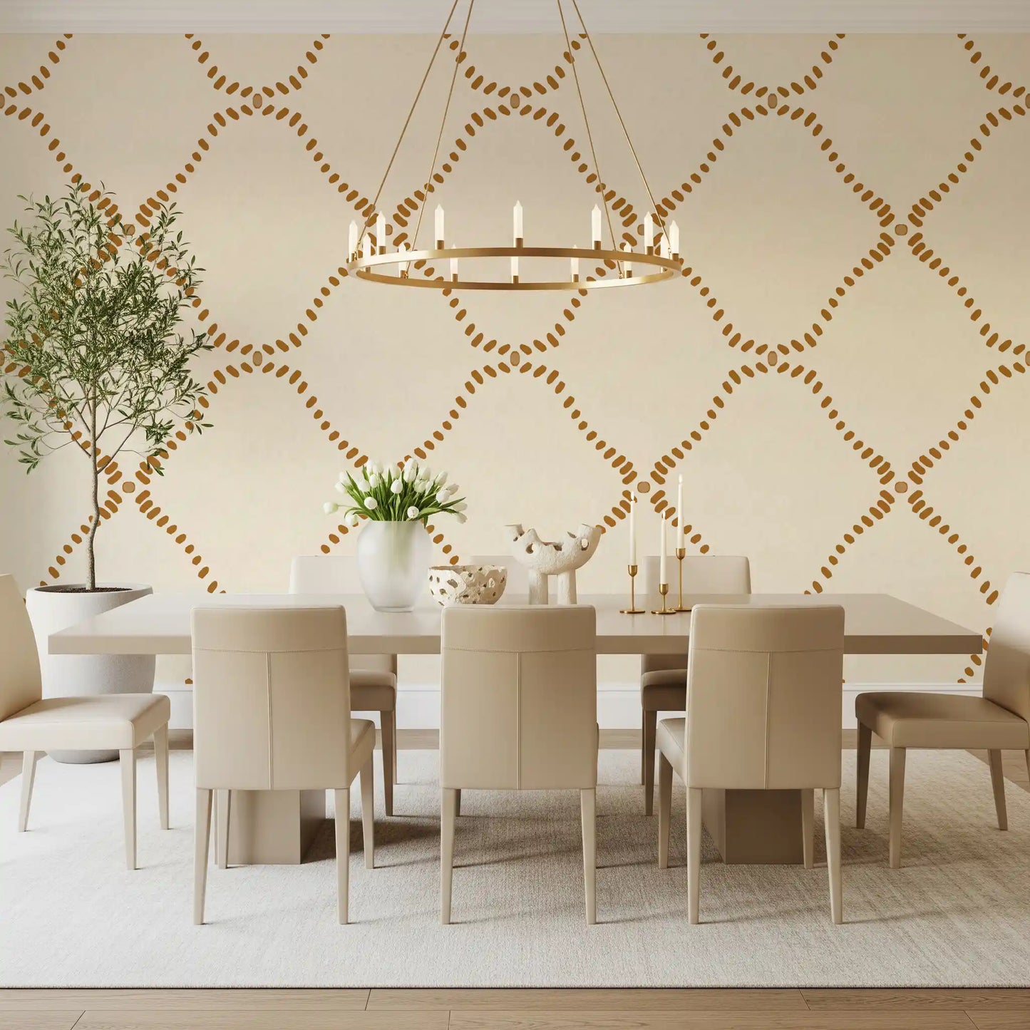 Beachy Boho Golden Dotted Lattice Wallpaper⁠