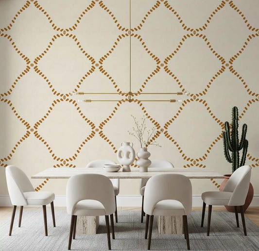 Dining area picks up warm boho rhythm with Beachy Boho Golden Dotted Lattice wallpaper.