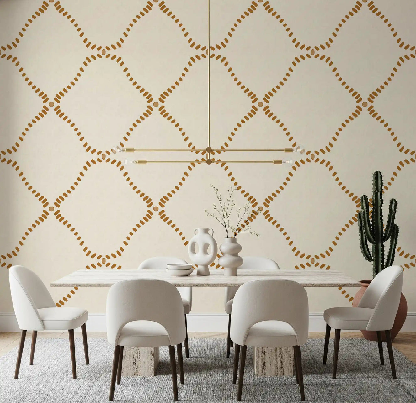 Dining area picks up warm boho rhythm with Beachy Boho Golden Dotted Lattice wallpaper.