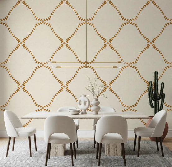 Dining area picks up warm boho rhythm with Beachy Boho Golden Dotted Lattice wallpaper., GD9629