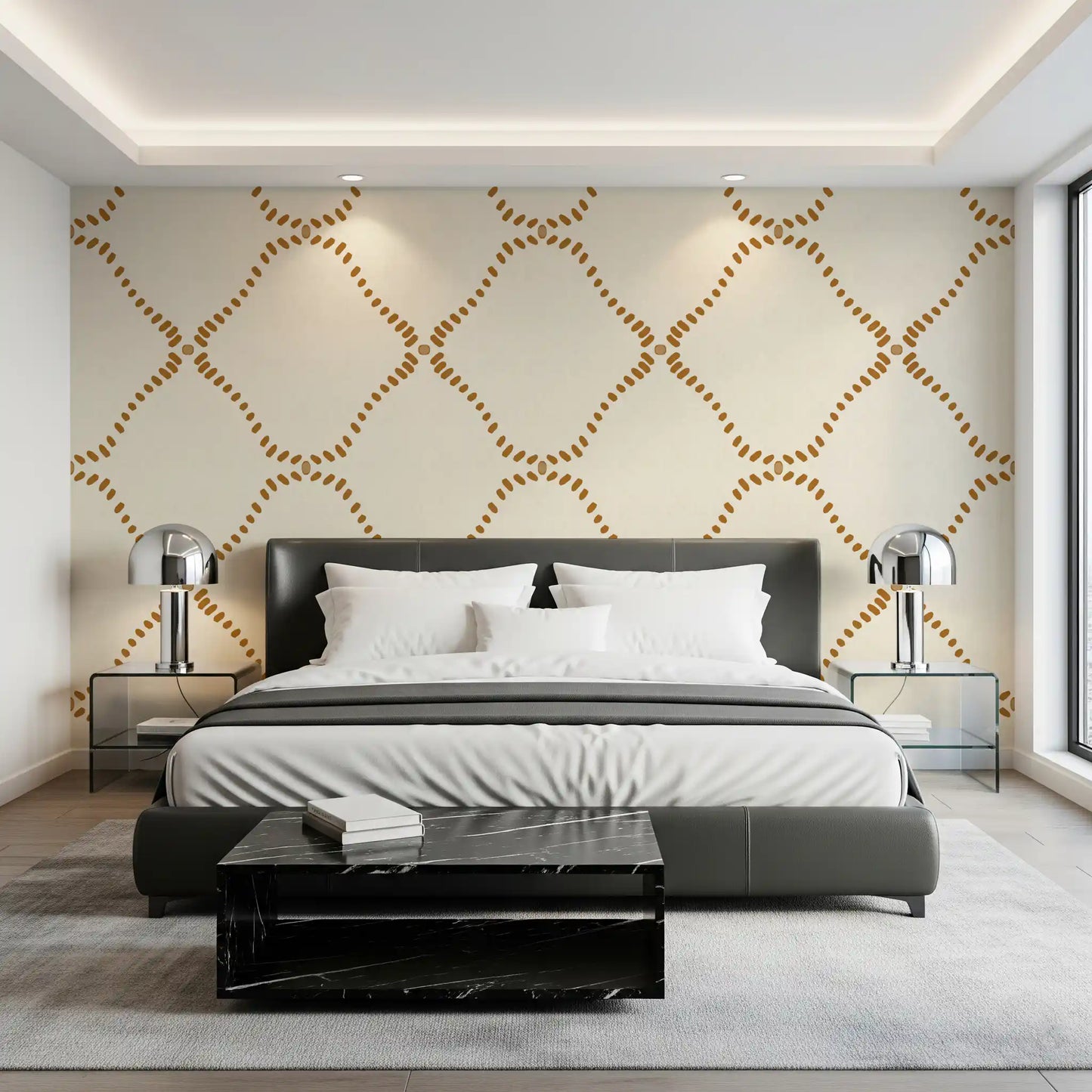 Beachy Boho Golden Dotted Lattice Wallpaper⁠