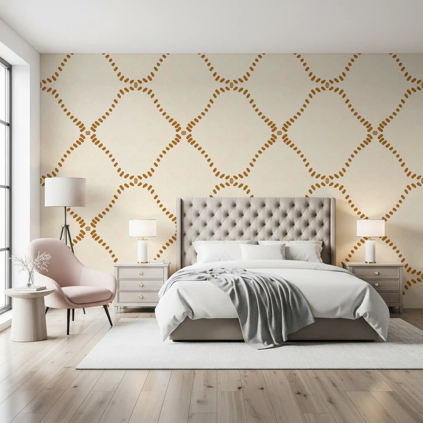 Beachy Boho Golden Dotted Lattice Wallpaper⁠