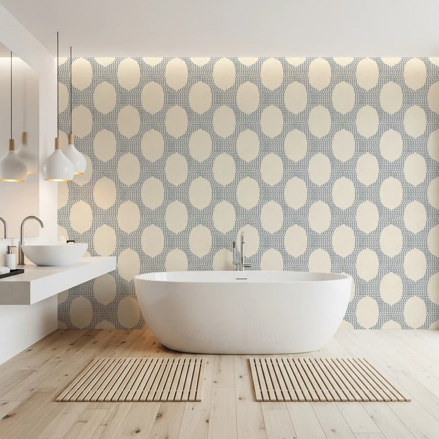 Cream ovals cut openly through dense dot fields on Beachy Boho Slate Blue Mosaic wallpaper.