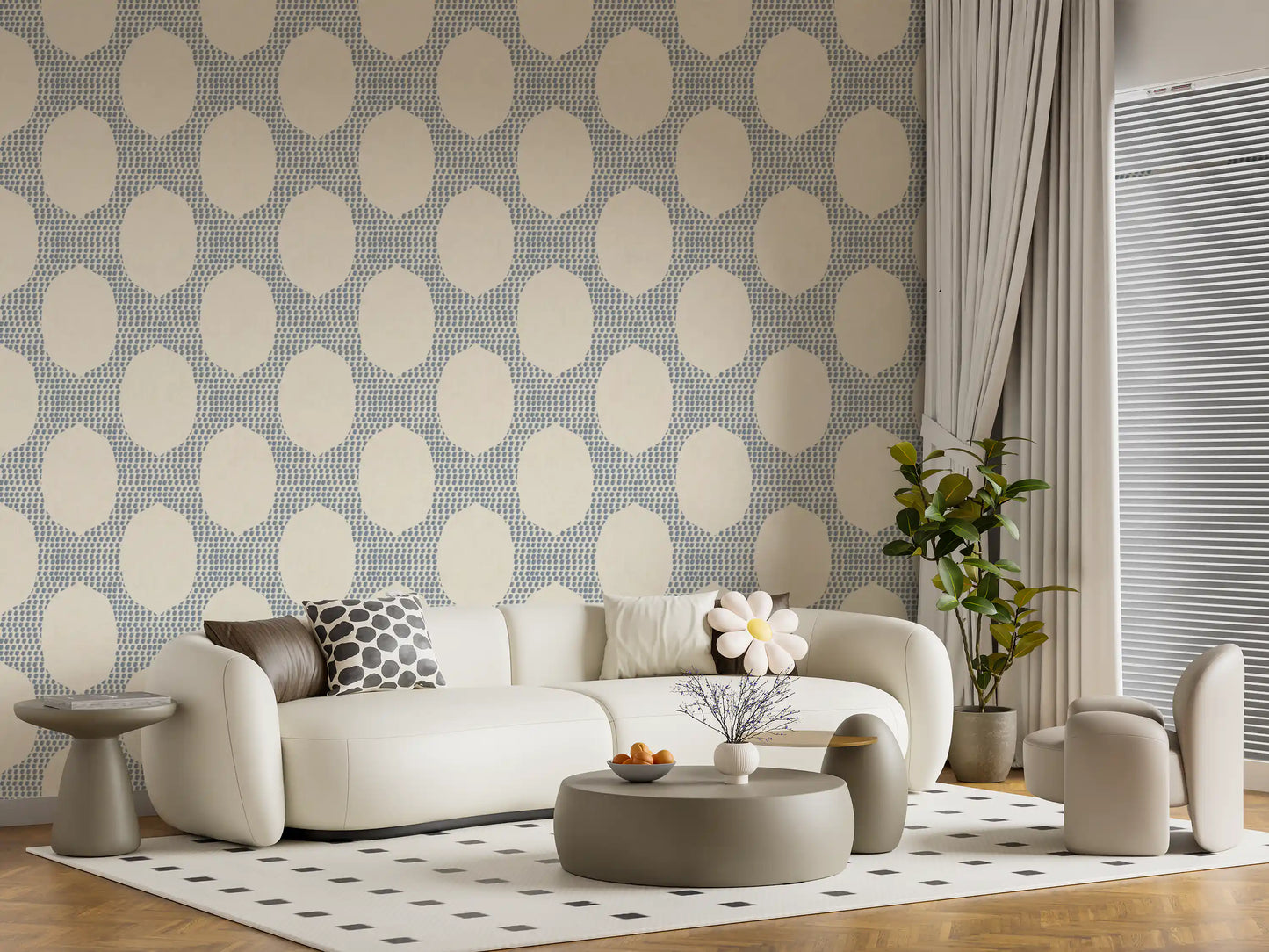 Lounge picks up cool textured rhythm from Beachy Boho Slate Blue Mosaic wallpaper.