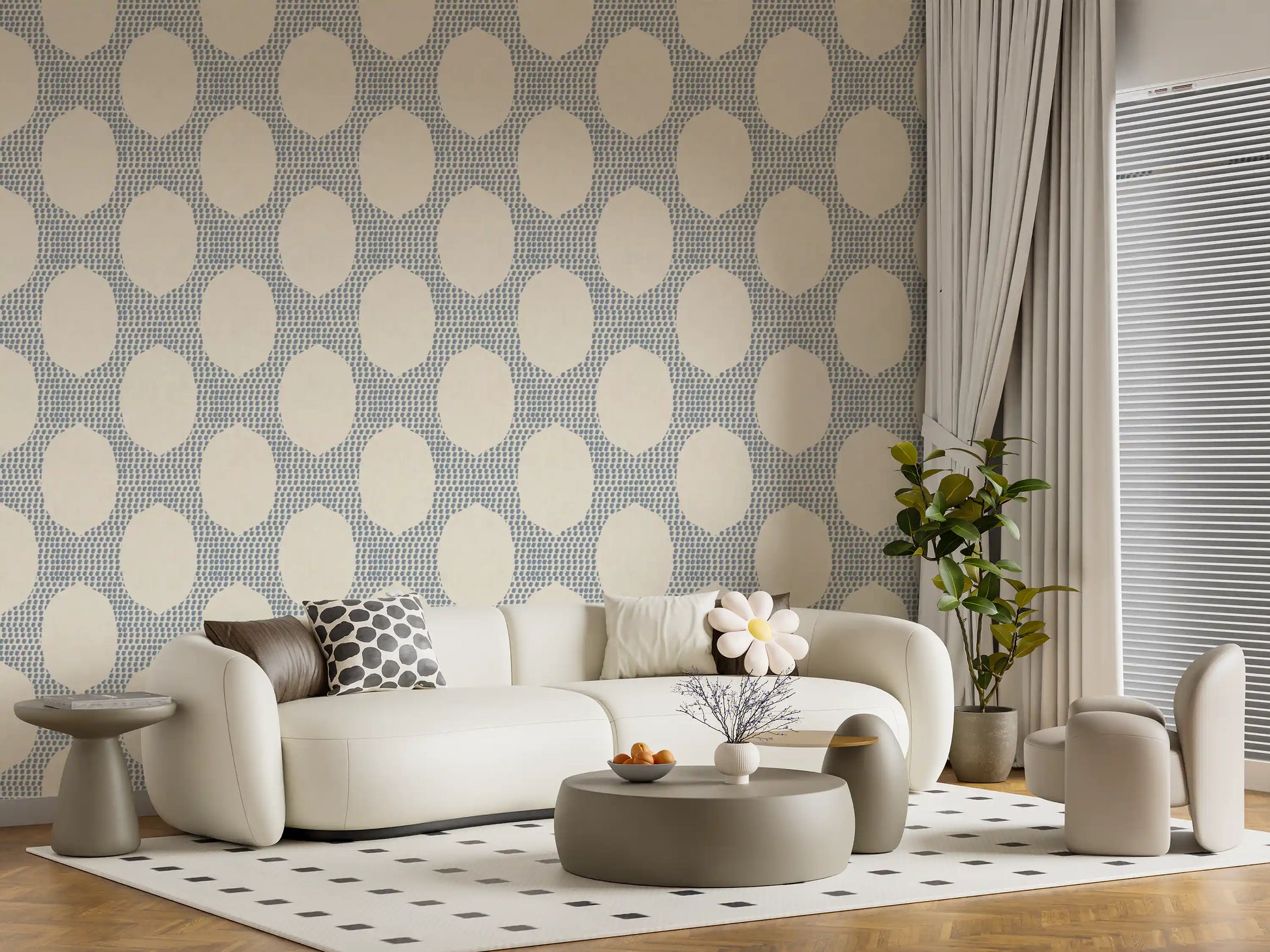 Lounge picks up cool textured rhythm from Beachy Boho Slate Blue Mosaic wallpaper.