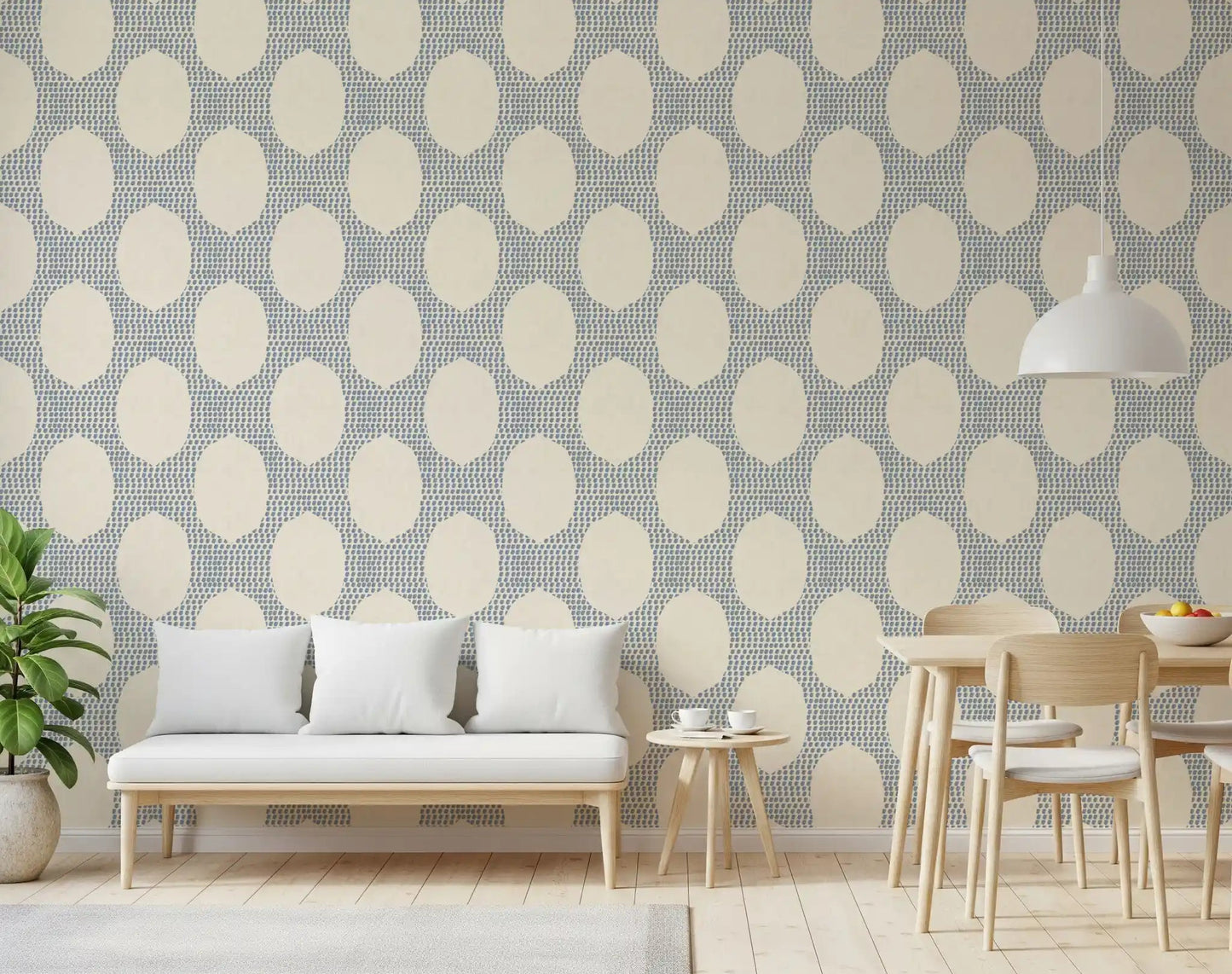 Slate dot fields wrap the Dining and living room with Beachy Boho Slate Blue Mosaic wallpaper.