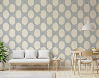 Slate dot fields wrap the Dining and living room with Beachy Boho Slate Blue Mosaic wallpaper.