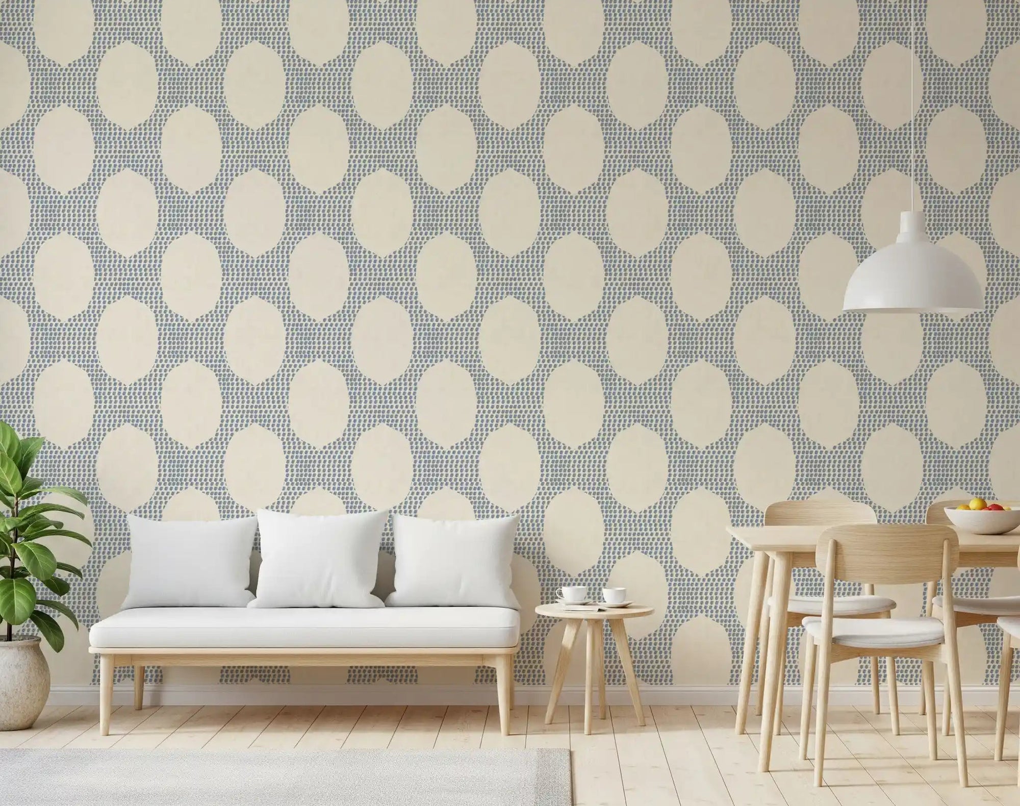 Slate dot fields wrap the Dining and living room with Beachy Boho Slate Blue Mosaic wallpaper., GD9630