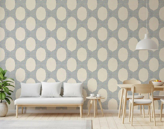 Slate dot fields wrap the Dining and living room with Beachy Boho Slate Blue Mosaic wallpaper.